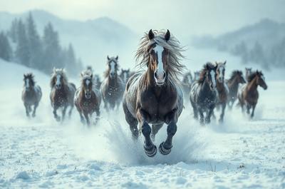Primary subject: A brown and white horse running through the snow.

Setting/background: The horse is running through a snowy field, with a mountain in the background.

Visual style: The image is a photo of the horse in motion.

Colors and mood: The dominant colors are white and brown, with a cold and snowy atmosphere.