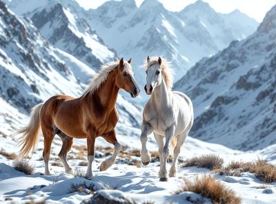 Primary subject: Two horses standing in the snow.

Setting/background: The horses are standing on a snow-covered mountain, with a mountain range in the background.

Visual style: The image is a photo of the two horses in the snow.

Colors and mood: The image has a cold and serene atmosphere, with the snow-covered landscape and the two horses standing in the snow.