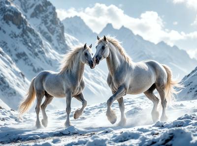 Primary subject: Two horses standing in the snow.

Setting/background: The horses are standing on a snow-covered mountain, with a mountainous landscape in the background.

Visual style: The image is a digital artwork, featuring two horses in a snowy environment.

Colors and mood: The image has a cold and serene atmosphere, with the snow-covered landscape and the horses' white coats creating a sense of tranquility.