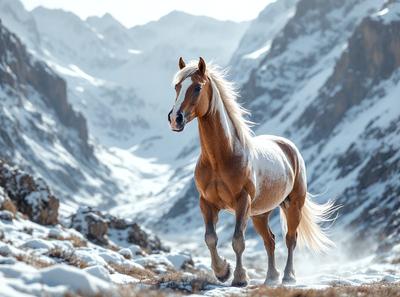 Primary subject: A brown and white horse with a blonde mane.

Setting/background: A snowy mountain range with a rocky terrain.

Visual style: A photo of the horse in the snow.

Colors and mood: The image is in black and white, giving it a classic and timeless feel. The snowy mountain range and the horse's blonde mane add a sense of tranquility and beauty to the scene.