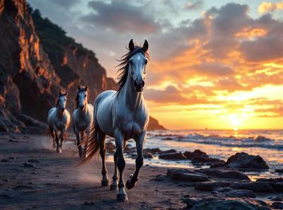 Primary subject: A white horse running on a beach.

Setting/background: The beach is rocky, and the sun is setting in the background.

Visual style: The image is a photo of the horse running on the beach.

Colors and mood: The dominant colors are orange and blue, with the orange sunset creating a warm and serene atmosphere.