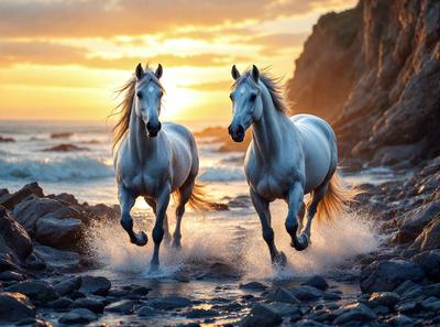 Primary subject: Two white horses running on the beach.

Setting/background: The beach is the setting, with the ocean in the background.

Visual style: The image is a photo of the two horses running on the beach.

Colors and mood: The colors are predominantly white, with the ocean and sky providing a blue and grey backdrop. The overall atmosphere is energetic and dynamic, as the horses are running and enjoying their time on the beach.