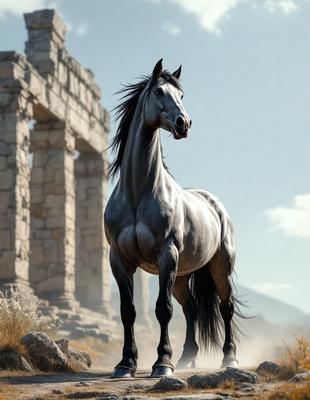 Primary subject: A horse standing in front of a stone building.

Setting/background: The horse is standing in front of a stone building, which appears to be an ancient ruin.

Visual style: The image is a digital art or illustration of a horse in front of a stone building.

Colors and mood: The image has a sepia tone, giving it a vintage and nostalgic feel. The horse appears to be the main focus of the image, with the stone building serving as a