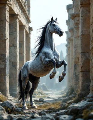 Primary subject: A horse with a flowing mane, galloping through a stone-paved path.

Setting/background: The horse is galloping through a stone-paved path, surrounded by ancient ruins.

Visual style: The image is a digital artwork, featuring a horse in motion.

Colors and mood: The image has a sepia tone, giving it a vintage and nostalgic feel. The horse's movement and the ancient ruins create a sense of