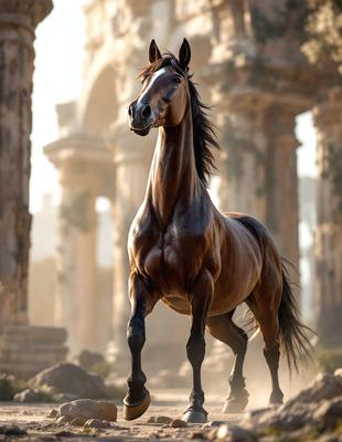 Primary subject: A brown horse with a black mane and tail, standing in front of a large stone building.

Setting/background: The horse is standing in front of a large stone building, which appears to be a temple or a similar structure. The background features a stone wall and a tree.

Visual style: The image is a digital artwork, featuring a detailed and realistic representation of the horse and the surrounding environment.

Colors and mood: The image has a warm and earthy color palette,