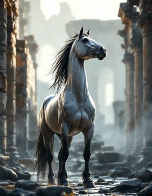 Primary subject: A white horse with a black mane standing in a stone-walled courtyard.

Setting/background: The horse is standing in a courtyard with stone walls, and there are pillars in the background.

Visual style: The image is a digital artwork, featuring a detailed and realistic representation of the horse.

Colors and mood: The image has a sepia tone, giving it a vintage and nostalgic feel. The horse's white color contrasts