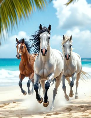 Primary subject: Three horses running on a beach.

Setting/background: The beach has a sandy surface and is near the ocean.

Visual style: The image is a photo of the three horses running on the beach.

Colors and mood: The colors in the image are predominantly shades of brown, white, and blue, creating a warm and lively atmosphere.