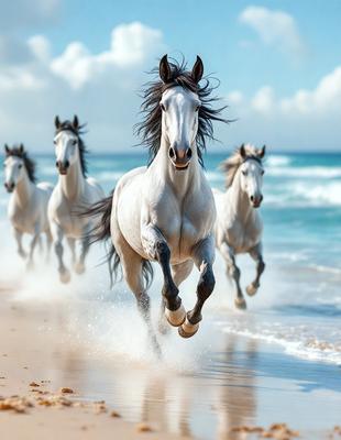 The primary subject of the image is a group of four horses running along the beach. The setting is a sandy beach with the ocean in the background. The visual style is a photo, capturing the horses in motion. The colors and mood of the image are predominantly white and blue, with the horses' white coats contrasting against the blue ocean and sandy beach.
