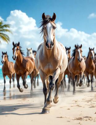 The primary subject of the image is a brown horse running on a beach. The setting is a sandy beach with a clear blue sky in the background. The visual style is a photo, capturing the horse in motion. The colors and mood of the image are warm and inviting, with the brown horse and the blue sky creating a serene and picturesque scene.