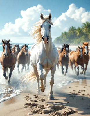 Primary subject: A white horse running on a beach.

Setting/background: The beach has a sandy surface, and there are palm trees in the background.

Visual style: The image is a digital art illustration.

Colors and mood: The image has a vibrant and lively atmosphere, with the white horse standing out against the sandy beach and palm trees.