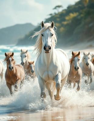 Primary subject: A white horse running on the beach.

Setting/background: The beach with sand and water.

Visual style: The image is a photo of the white horse running on the beach.

Colors and mood: The image has a vibrant and lively atmosphere, with the white horse standing out against the sand and water.