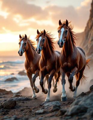Primary subject: Three brown horses running on a beach.

Setting/background: The beach is covered in sand and rocks, with the ocean in the background.

Visual style: The image is a photo of the horses running on the beach.

Colors and mood: The dominant colors are brown and orange, with a warm and energetic atmosphere.