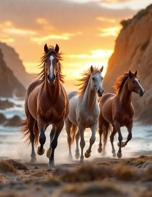 Primary subject: Three horses running on a beach.

Setting/background: The beach is the main setting, with the ocean in the background.

Visual style: The image is a photo of the horses running on the beach.

Colors and mood: The colors in the image are predominantly warm and natural, with the sunset casting a warm glow on the scene. The mood is energetic and dynamic, as the horses are running and enjoying their time on the beach.