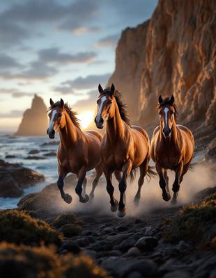Primary subject: Three horses running on a beach.

Setting/background: The horses are running on a beach near the ocean, with a rocky cliff in the background.

Visual style: The image is a digital artwork, featuring three horses in motion.

Colors and mood: The image has a vibrant and energetic atmosphere, with the horses' colors and the beach's natural elements creating a lively scene.