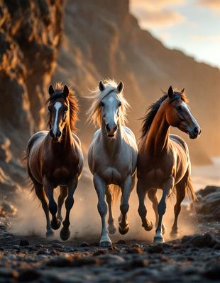 Primary subject: Three horses running on a dirt road.

Setting/background: The horses are running on a dirt road, with a rocky hillside in the background.

Visual style: The image is a photo of the three horses running.

Colors and mood: The image has a warm and natural color palette, with the horses' coats and the dirt road creating a sense of movement and energy.