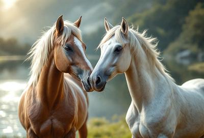 The primary subject of the image is two horses standing next to each other in a grassy field. They are facing each other, with their noses touching, creating a sense of connection and affection between them. The setting is a natural environment, with the horses standing on a grassy hillside. The visual style of the image is a photo, capturing the horses in their natural habitat. The colors and mood of the image are warm and serene, with the horses' brown and white coats contrasting against the green grass and