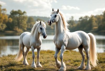 The primary subject of the image is a pair of white horses standing next to each other in a grassy field. The setting is a serene, natural environment with a lake in the background. The visual style of the image is a photo, capturing the horses in their natural habitat. The colors and mood of the image are predominantly white and calm, creating a peaceful and serene atmosphere.