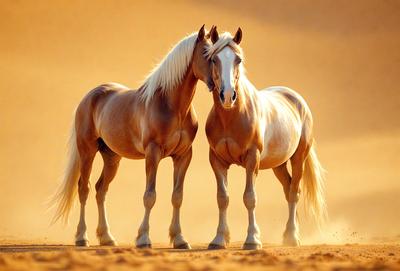 The primary subject of the image is two brown horses standing next to each other in a sandy environment. The setting appears to be a desert or a sandy plain, with a dusty or sandy surface. The visual style of the image is a photo, capturing the horses in their natural habitat. The colors in the image are predominantly brown and beige, giving the scene a warm and natural atmosphere.
