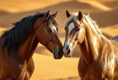 The primary subject of the image is two horses standing next to each other in a desert-like environment. They are facing each other, with their noses touching, creating a sense of connection and affection between them. The setting is a sandy, arid landscape, which adds to the overall mood of the scene. The visual style of the image is a photo, capturing the horses in their natural habitat. The colors in the image are predominantly earthy tones, such as browns and beiges, which contribute to