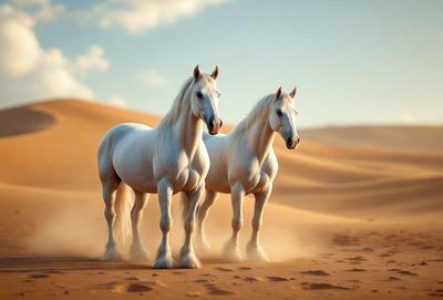 Primary subject: Two white horses standing in a desert.

Setting/background: The horses are standing on a sandy surface, which is the desert.

Visual style: The image is a digital art or illustration.

Colors and mood: The image has a warm and natural color palette, with the sandy surface and the horses' white coats creating a serene and peaceful atmosphere.