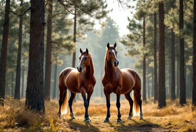 Primary subject: Two brown horses standing in a grassy field.

Setting/background: The horses are standing in a grassy field surrounded by trees.

Visual style: The image is a photo of the two horses.

Colors and mood: The horses are brown, and the overall atmosphere is calm and serene.