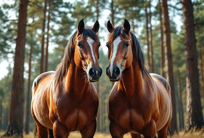 Primary subject: Two brown horses standing next to each other.

Setting/background: The horses are standing in a forest, surrounded by trees.

Visual style: The image is a photo of the two horses.

Colors and mood: The horses are brown, and the overall atmosphere is calm and natural.