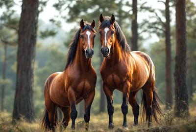 Primary subject: Two brown horses standing next to each other in a forest.

Setting/background: The horses are standing in a forest, surrounded by trees.

Visual style: The image is a photo of the two horses.

Colors and mood: The horses are brown, and the overall atmosphere is calm and serene, as they stand together in the peaceful forest setting.