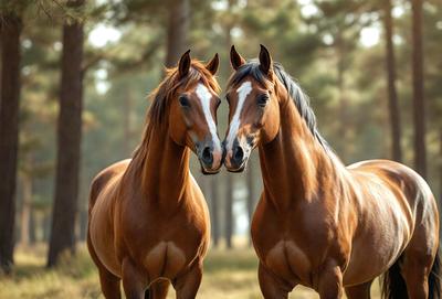 The primary subject of the image is two brown horses standing next to each other in a field. They are positioned close to each other, with their heads touching. The setting is a forest, providing a natural and serene backdrop for the scene. The visual style of the image is a photo, capturing the horses in their natural environment. The colors and mood of the image are warm and peaceful, with the brown horses and the forest creating a sense of harmony and tranquility.