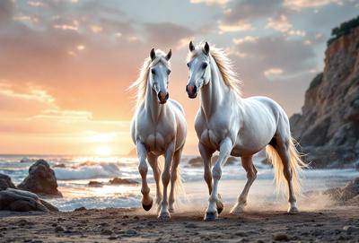 Primary subject: Two white horses walking on the beach.

Setting/background: The beach is the main environment, with the ocean in the background.

Visual style: The image is a photo of the two horses walking on the beach.

Colors and mood: The colors are predominantly white, with the ocean and sky providing a serene and calming atmosphere.