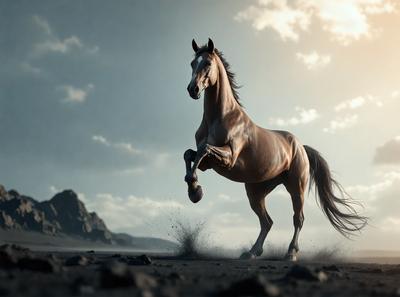 Primary subject: A brown horse running on a dirt field.

Setting/background: The horse is running on a dirt field, with a cloudy sky in the background.

Visual style: The image is a digital artwork.

Colors and mood: The dominant colors are brown and grey, with a slightly dramatic mood.