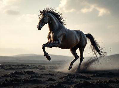 Primary subject: A horse running on a dirt field.

Setting/background: The horse is running on a dirt field, with a mountain in the background.

Visual style: The image is a digital artwork.

Colors and mood: The image has a sepia tone, giving it a warm and nostalgic atmosphere.