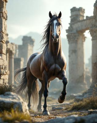 Primary subject: A brown horse with a white streak on its face, running through a stone-covered area.

Setting/background: The horse is running through a stone-covered area, possibly an ancient ruin or a stone-covered path.

Visual style: The image is a photo of the horse in motion.

Colors and mood: The horse has a brown and white color, and the overall atmosphere is dynamic and energetic, as the horse is running.