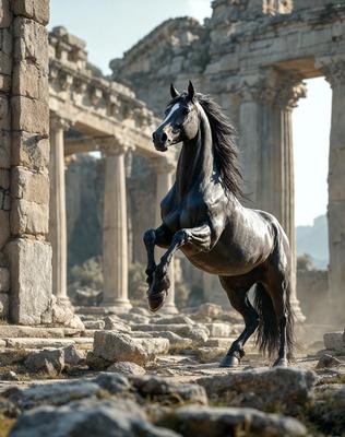 Primary subject: A horse running in front of a building.

Setting/background: The horse is running in front of a building, which appears to be a temple. The environment is a mix of stone and rock structures.

Visual style: The image is a photo of the horse running in front of the building.

Colors and mood: The image has a sepia tone, giving it a vintage and nostalgic feel. The horse's movement and the building's architecture create a sense of energy