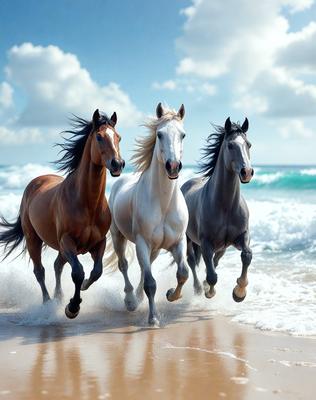 Primary subject: Three horses running on the beach.

Setting/background: The beach with waves crashing on the shore.

Visual style: The image is a photo of the three horses running on the beach.

Colors and mood: The colors in the image are predominantly shades of brown, white, and grey, creating a natural and serene atmosphere.
