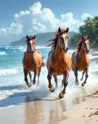 Primary subject: Three brown horses running on the beach.

Setting/background: The beach is the backdrop for the scene, with the ocean in the background.

Visual style: The image is a photo of the three horses running on the beach.

Colors and mood: The dominant colors are brown and white, with the ocean providing a blue and calming atmosphere.
