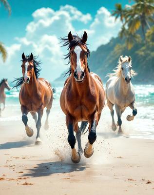 Primary subject: Three horses running on a beach.

Setting/background: The beach is the main environment, with the ocean in the background.

Visual style: The image is a photo of the horses running on the beach.

Colors and mood: The colors are predominantly brown and white, with the ocean providing a blue and calming atmosphere.
