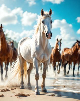 The primary subject of the image is a white horse running on a beach. The setting is a sandy beach with a clear sky in the background. The visual style is a photo, capturing the horse in motion. The colors and mood of the image are predominantly white and light, creating a serene and peaceful atmosphere.