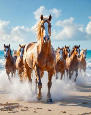 The primary subject of the image is a brown horse with a white face, running along a beach. The setting is a sandy beach with the ocean in the background. The visual style is a photo, capturing the horse in motion. The dominant colors are brown and white, with the ocean providing a blue and green backdrop. The overall atmosphere is energetic and dynamic, as the horse gallops along the shoreline.