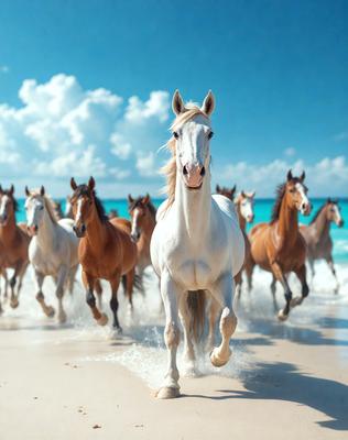 The primary subject of the image is a white horse running on a beach. The setting is a beautiful beach with a clear blue sky in the background. The visual style of the image is a photo, capturing the horse in motion. The colors and mood of the image are vibrant and lively, with the white horse standing out against the blue sky and the sandy beach.