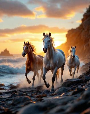 Primary subject: Three horses running on the beach.

Setting/background: The beach is the main environment, with the ocean in the background.

Visual style: The image is a photo of the horses running on the beach.

Colors and mood: The image has a warm and vibrant atmosphere, with the colors of the beach and the horses' coats creating a lively scene.