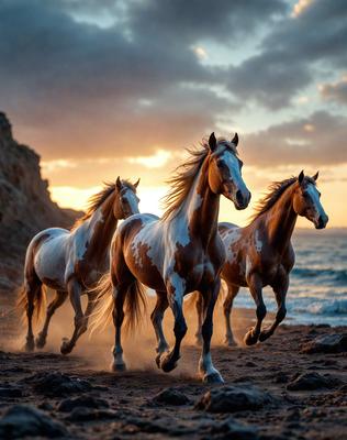 Primary subject: Four horses running on a beach.

Setting/background: The beach is the main environment, with the ocean in the background.

Visual style: The image is a photo of the horses running on the beach.

Colors and mood: The colors are predominantly brown and white, with the sunset in the background creating a warm and serene atmosphere.