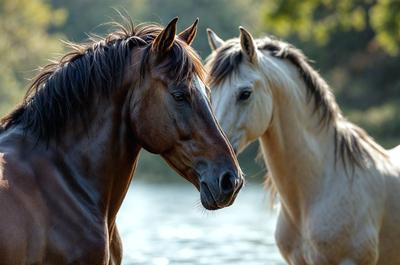 The primary subject of the image is a brown horse standing next to a white horse. They are both looking at the camera, creating a sense of connection and companionship between the two animals. The setting is a body of water, which adds a serene and natural backdrop to the scene. The visual style of the image is a photo, capturing the horses in their natural environment. The colors in the image are predominantly brown and white, with the brown horse being the main focus. The overall atmosphere of the image is calm and peace