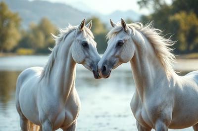 The primary subject of the image is two white horses standing next to each other in a body of water. They are facing each other, with their noses touching. The setting is a serene environment, with the horses standing in the water and the surrounding area being calm and peaceful. The visual style of the image is a photo, capturing the horses in their natural habitat. The colors and mood of the image are predominantly white, creating a sense of tranquility and harmony between the horses.