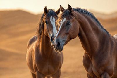 The primary subject of the image is two brown horses standing next to each other in a sandy environment. The setting appears to be a desert or a sandy plain, with a sunset in the background. The visual style of the image is a photo, capturing the horses in their natural habitat. The colors and mood of the image are warm and serene, with the sunset casting a golden glow on the scene.