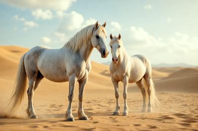 The primary subject of the image is a pair of horses standing in a sandy environment. The setting appears to be a desert or a sandy plain, with a cloudy sky in the background. The visual style of the image is a photo, capturing the horses in their natural habitat. The colors in the image are predominantly neutral tones, such as beige, brown, and gray, which contribute to the overall mood of the scene.