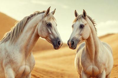 The primary subject of the image is two horses standing next to each other in a desert-like environment. The setting is a sandy area with a dirt ground, and the visual style appears to be a photo. The colors in the image are predominantly brown and beige, creating a warm and natural atmosphere. The horses are facing each other, possibly engaging in a social interaction or simply enjoying each other's company.