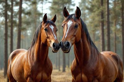 The primary subject of the image is two brown horses standing next to each other in a forest. They are positioned close to each other, with their heads touching or their noses touching. The setting is a forest, with trees surrounding the horses. The visual style of the image is a photo, capturing the horses in their natural environment. The colors and mood of the image are warm and serene, as the horses are in a peaceful, natural setting.