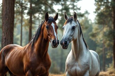 The primary subject of the image is two horses standing next to each other in a forest. They are positioned close to each other, with one horse on the left and the other on the right. The setting is a forest, with trees in the background. The visual style of the image is a photo, capturing the horses in their natural environment. The colors and mood of the image are dominated by the natural colors of the forest and the horses, creating a serene and peaceful atmosphere.