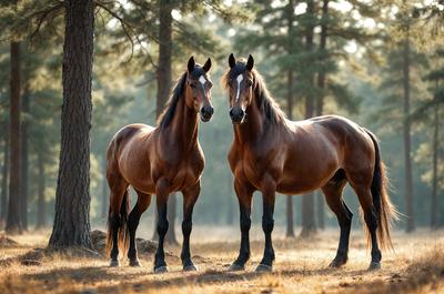 The primary subject of the image is two horses standing next to each other in a grassy field. They are positioned in front of a forest, creating a serene and natural setting. The visual style of the image is a photo, capturing the horses in their natural environment. The colors and mood of the image are predominantly earthy tones, with the grass and forest providing a sense of tranquility and harmony with nature.