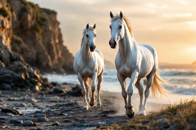 Primary subject: Two white horses running on a beach.

Setting/background: The beach is rocky, with a mountain in the background.

Visual style: The image is a photo of the two horses running on the beach.

Colors and mood: The image has a warm and natural color palette, with the white horses contrasting against the rocky beach and mountain backdrop. The overall atmosphere is energetic and dynamic, as the horses are running freely in their natural environment.